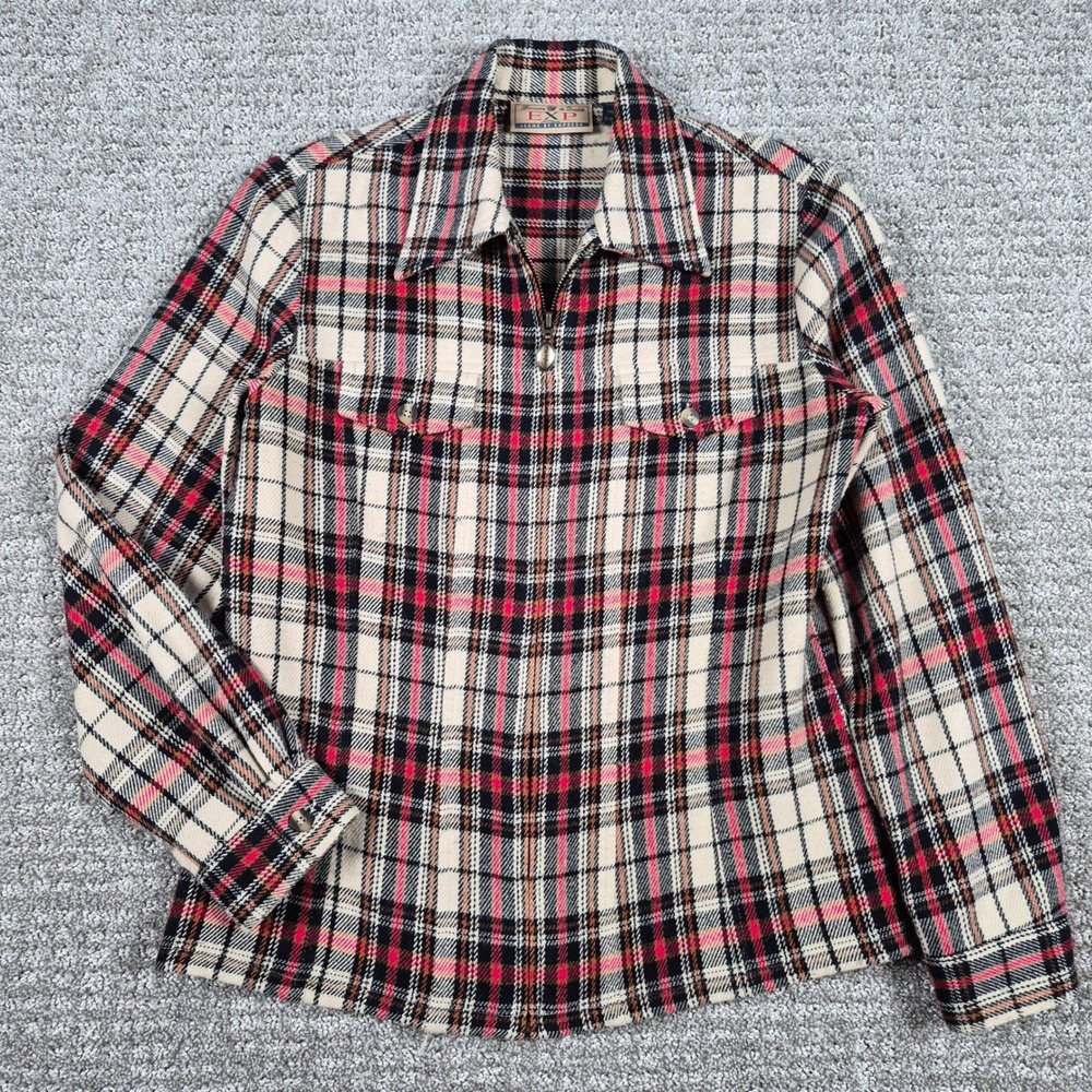 Vintage 90s EXP Express Jacket Womens XS Cream Red Plaid Heavy Flannel Shacket